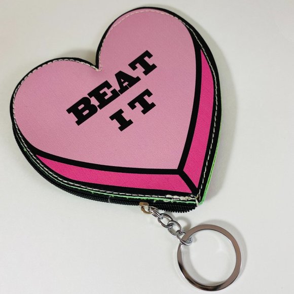Adorable pleather faux leather "BEAT IT" heart shaped change purse key chain - Picture 3 of 5